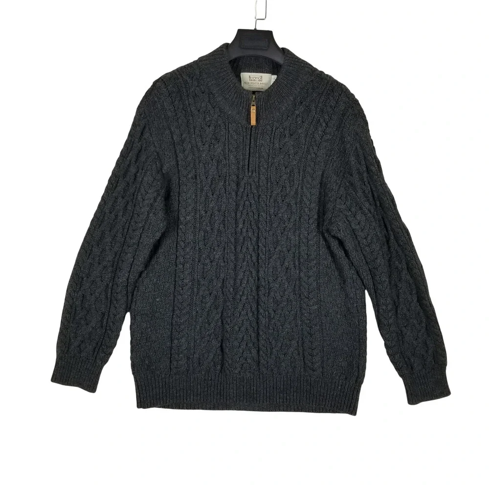 Aran Sweater Market Quarter Zip Women Large Charcoal Grey Merino Wool Cable Knit